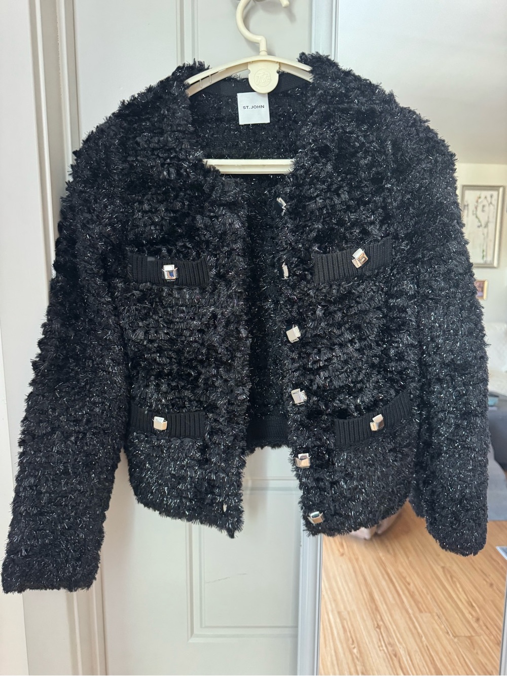 St. John Black Textured Bouclé Cropped Jacket